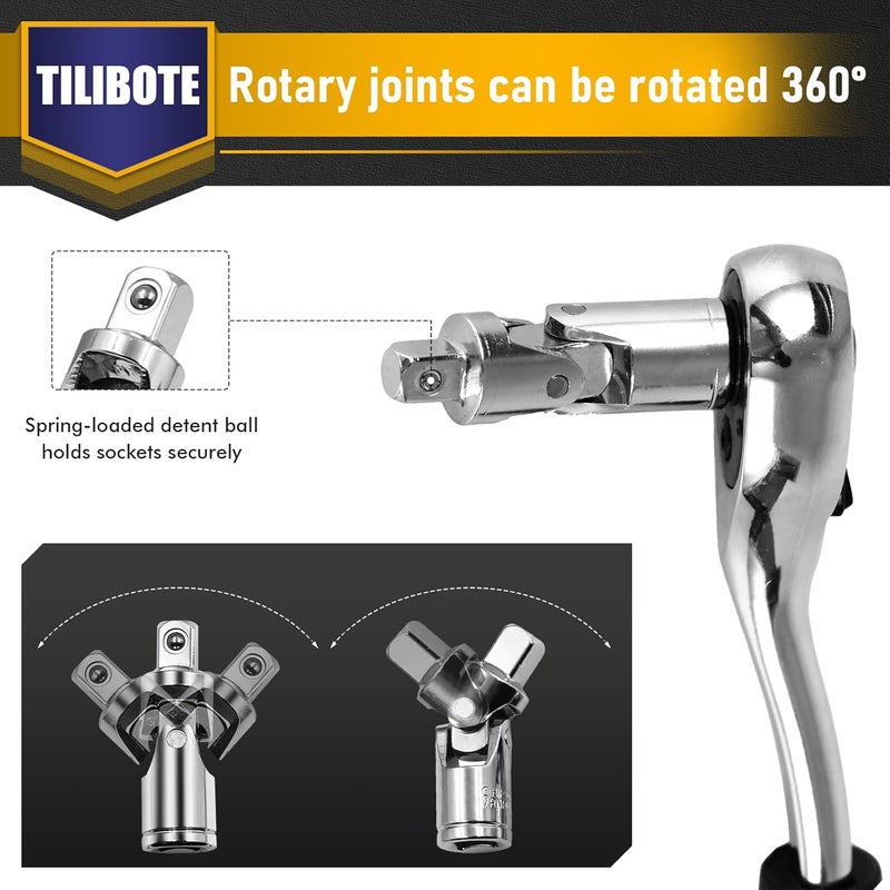TILIBOTE مجموعة مفاتيح ربط، 62 قطعة 1/4" مجموعة مفاتيح ربط مع 72 سن، SAE وميتر من 5/32" - 9/16"، 4 مم - 14 مم، مجموعة أدوات للمنزل والسيارة، دراجة نارية، إصلاح دراجة - Image 5